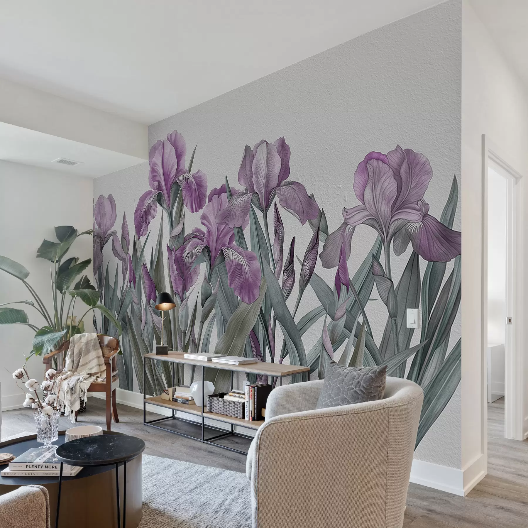 Fototapete Große rosa Schwertlilien auf einer weißen Betonwand w07949v1