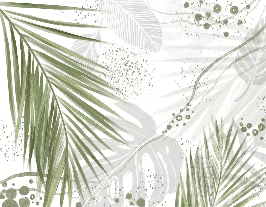 fototapeter En tropisk grøn palmeblade og blade, med abstrakte former og stænk i nuancer af grøn og hvid w07918