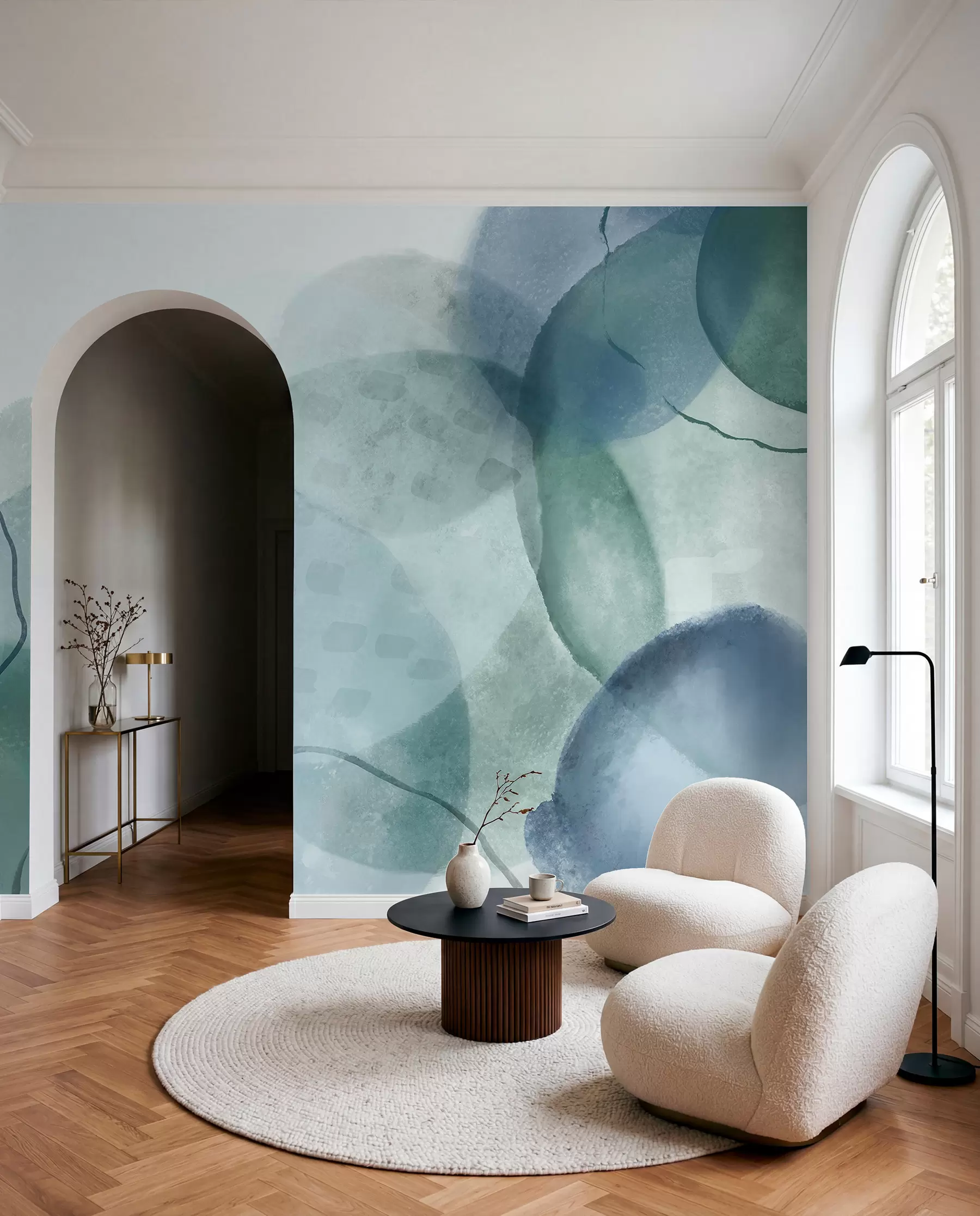 Murale Formes abstraites douces et aquarelles dans des tons de bleu, vert et blanc w07926