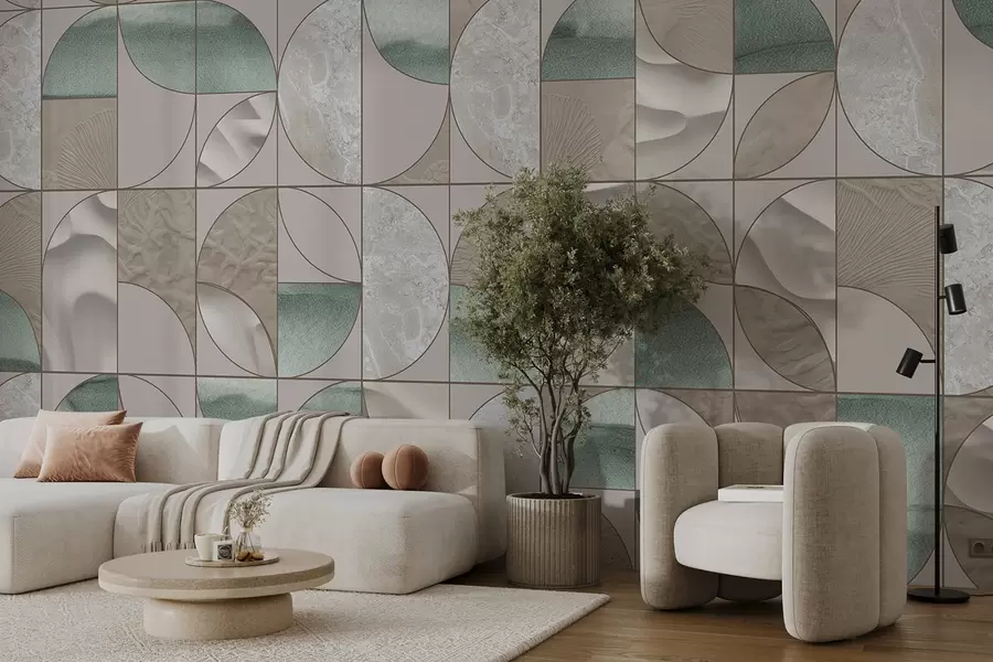 Fototapete Ein geometrisches Muster aus grünen, beigen und weißen Texturen, angeordnet in einem sich wiederholenden abstrakten Design w07928