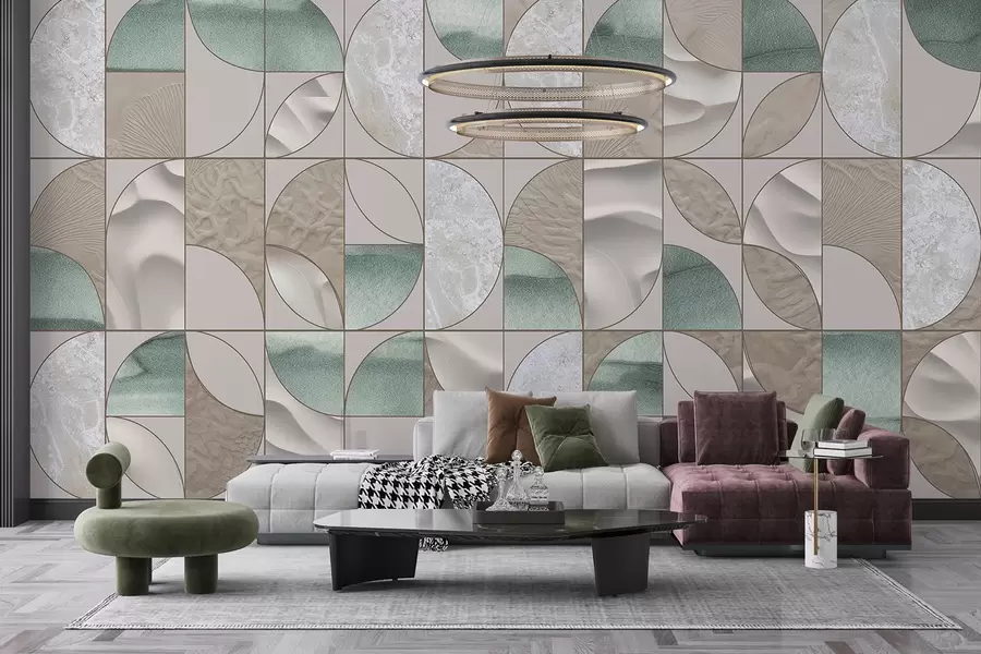 Fototapete Ein geometrisches Muster aus grünen, beigen und weißen Texturen, angeordnet in einem sich wiederholenden abstrakten Design w07928