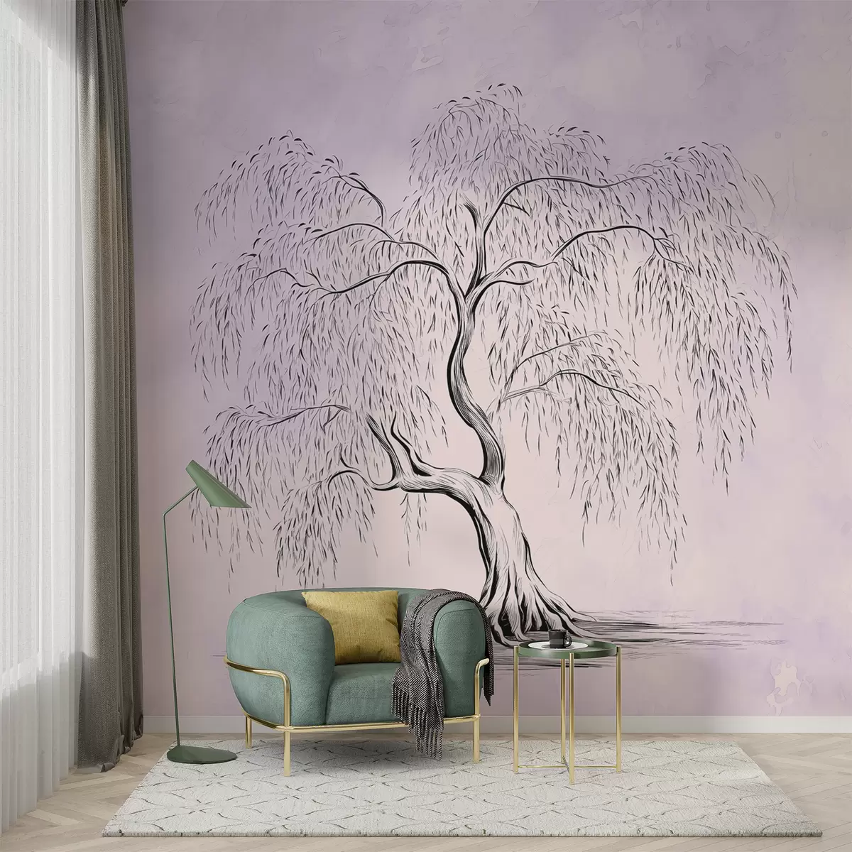 Murale Saule sur fond aquarelle gris violet w07969v2
