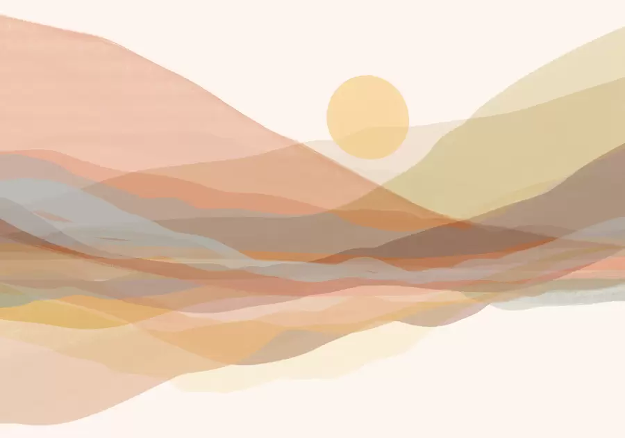 fototapeter Bjerget landskab med en varm sol på himlen, bølgende bakker i orange, gule og brune nuancer w07976