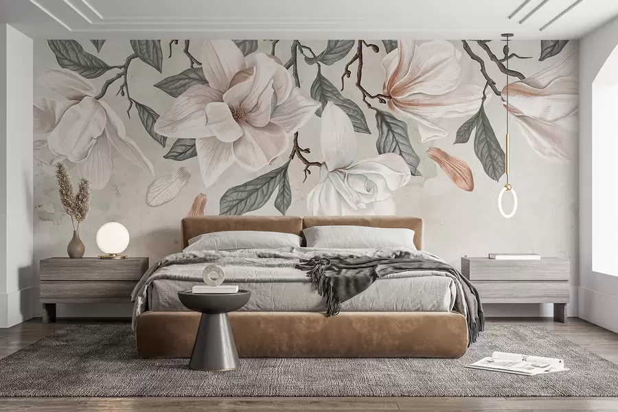 Fototapete Zarte rosa und weiße Magnolienblüten mit grünen Blättern auf hellem Hintergrund, eine weiche, florale Komposition w07977