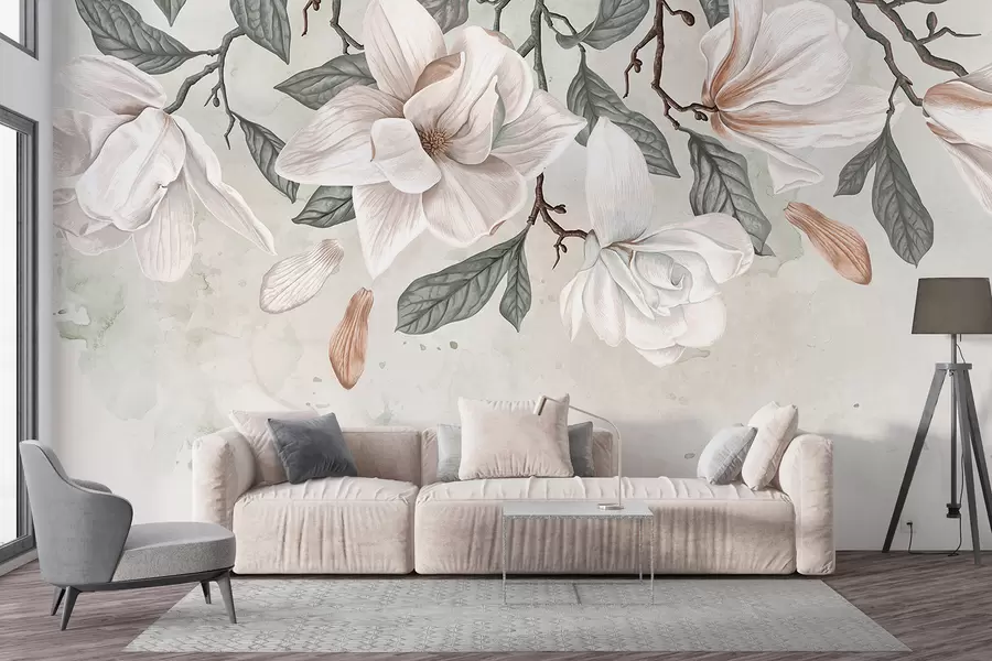 Fototapete Zarte rosa und weiße Magnolienblüten mit grünen Blättern auf hellem Hintergrund, eine weiche, florale Komposition w07977