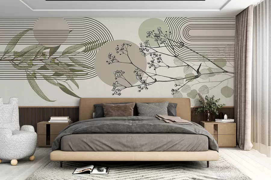 Murale Une abstraction minimaliste avec des formes organiques, des branches d'arbres stylisées ou des plantes aux délicats détails floraux w07979