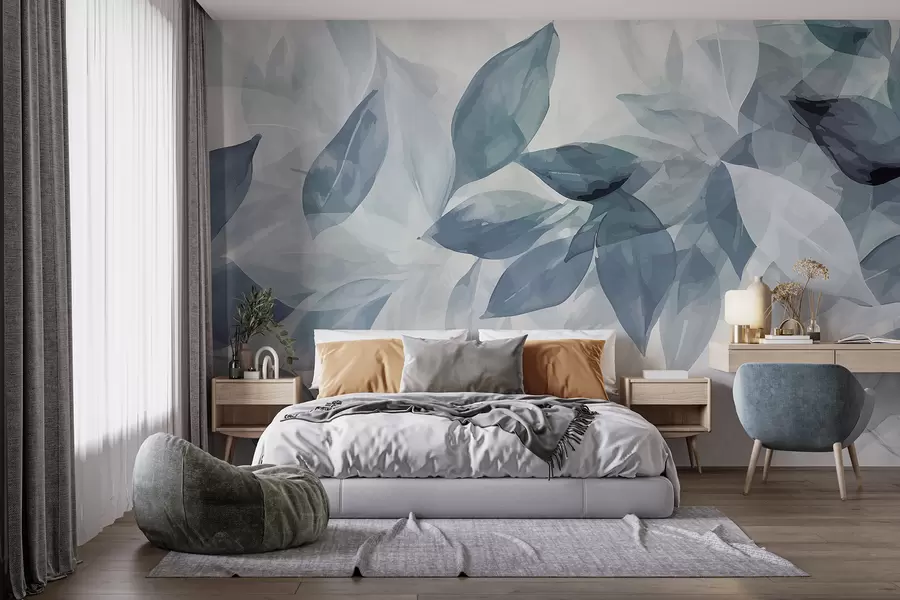 Murale Feuilles d'aquarelle gris et blanc doux avec un fond flou et éthéré w07981