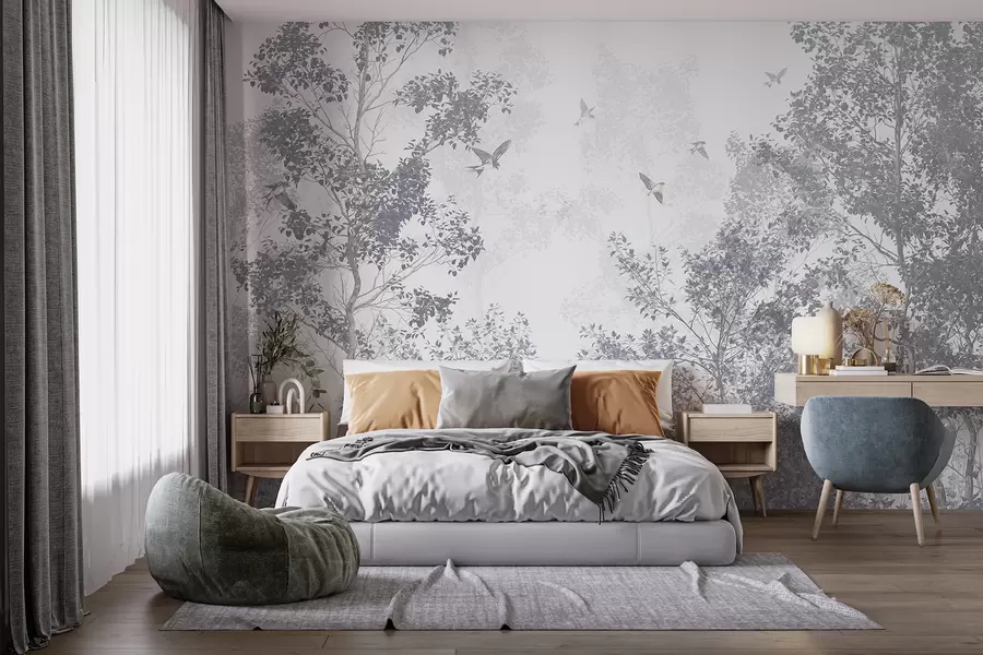 Murale Arbres aux feuilles et branches grises avec des oiseaux volant dans le ciel, fond blanc w07982v1