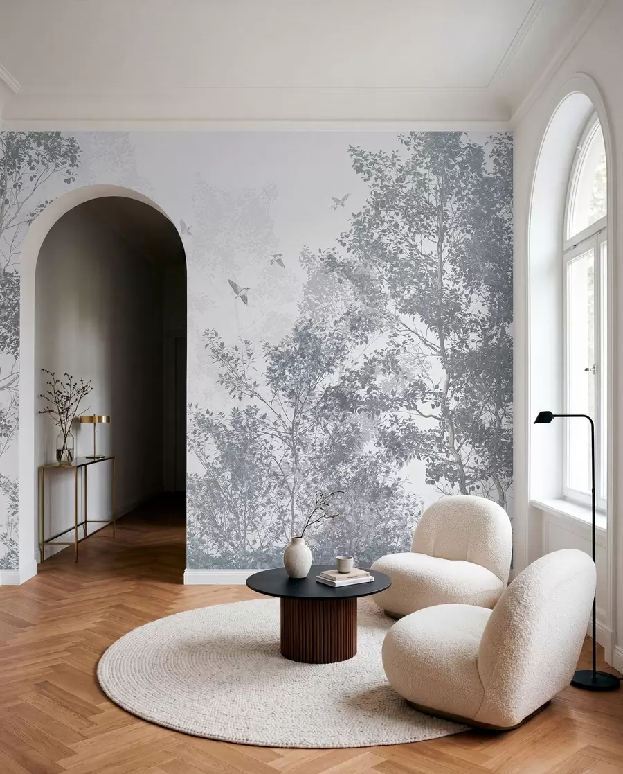 Murale Arbres aux feuilles et branches grises avec des oiseaux volant dans le ciel, fond blanc w07982v1
