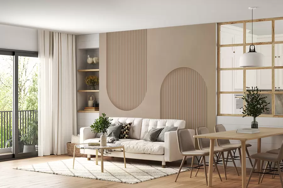 Fototapete Strukturierte Tapete im Art-Deco-Stil in warmen Beigetönen. Nachahmung volumetrischer Bögen w08048