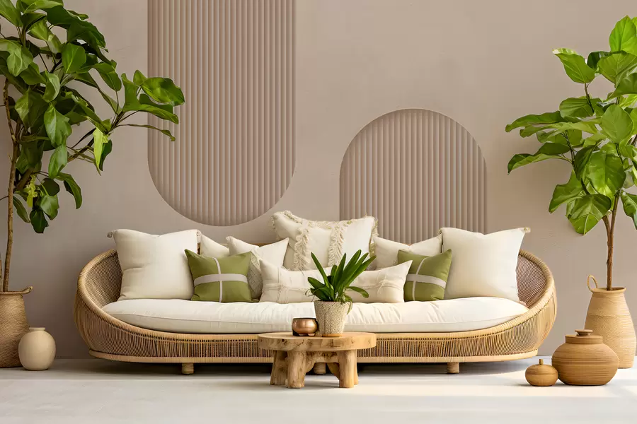 Fototapete Strukturierte Tapete im Art-Deco-Stil in warmen Beigetönen. Nachahmung volumetrischer Bögen w08048