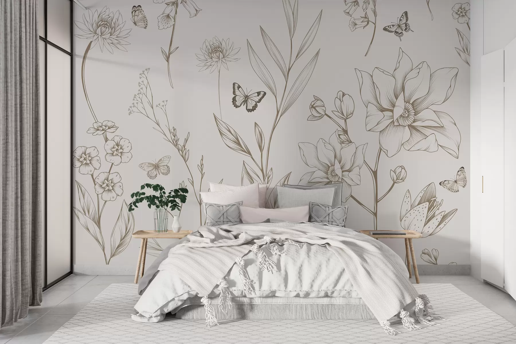 Fototapete Boho Monochrome Blumen und Schmetterlinge in Beige w08088v1