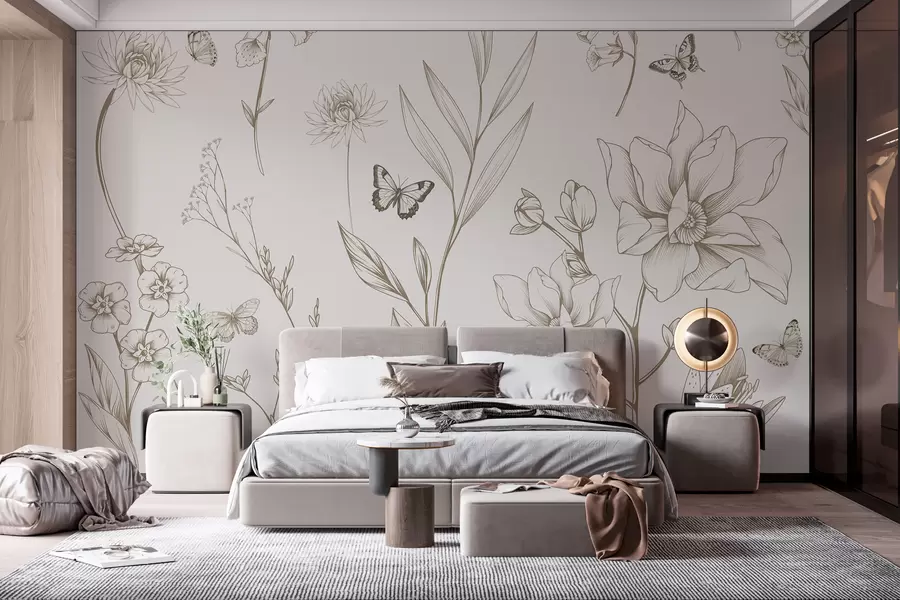 fototapeter Boho Monokrome blomster og sommerfugle i beige farve w08088v1