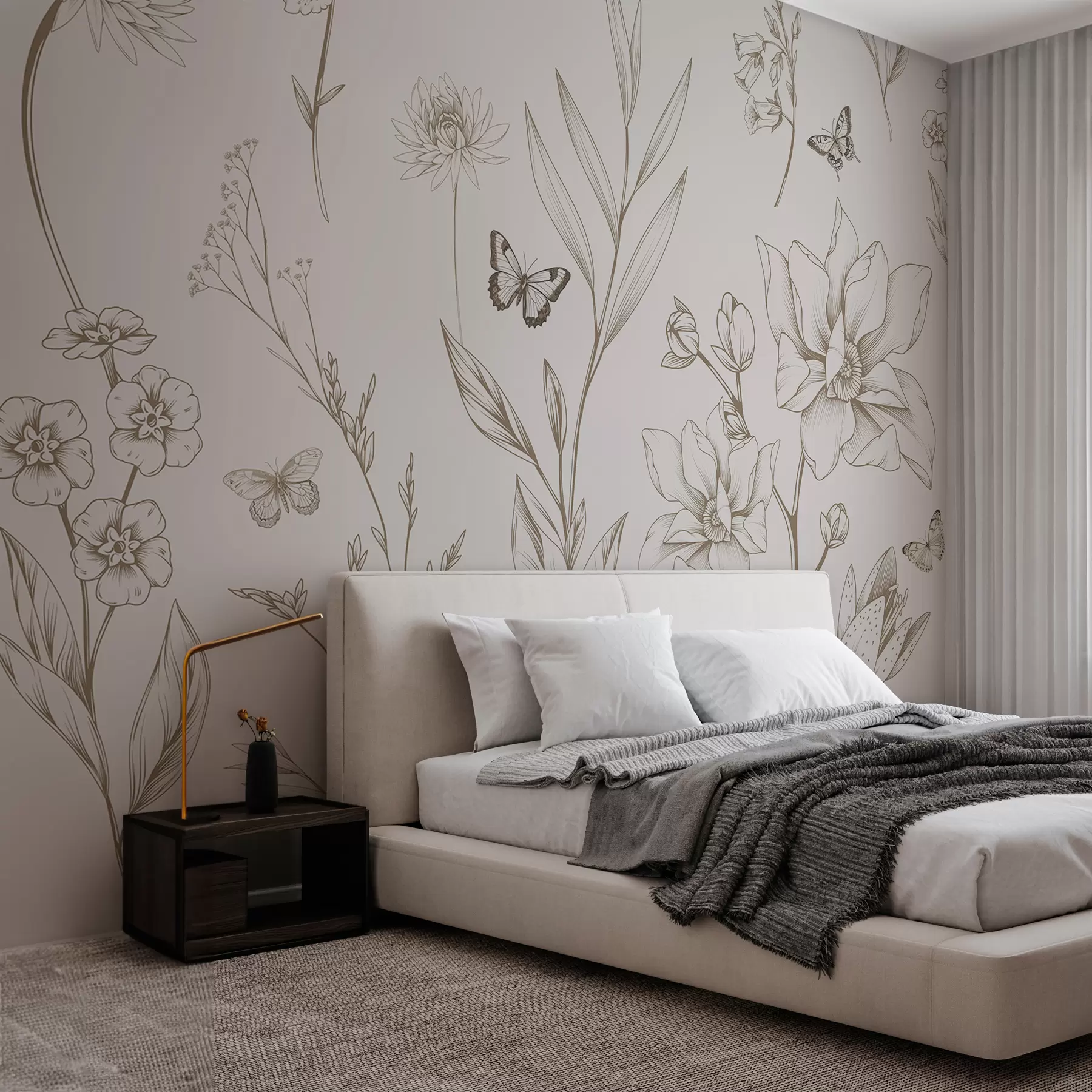 fototapeter Boho Monokrome blomster og sommerfugle i beige farve w08088v1