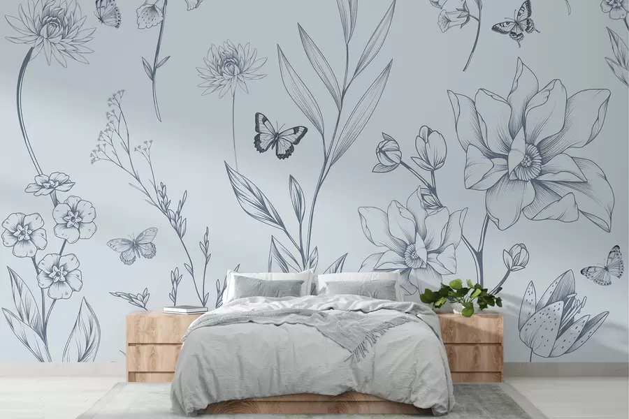 Murale Fleurs et papillons monochromes Boho en bleu w08088v2