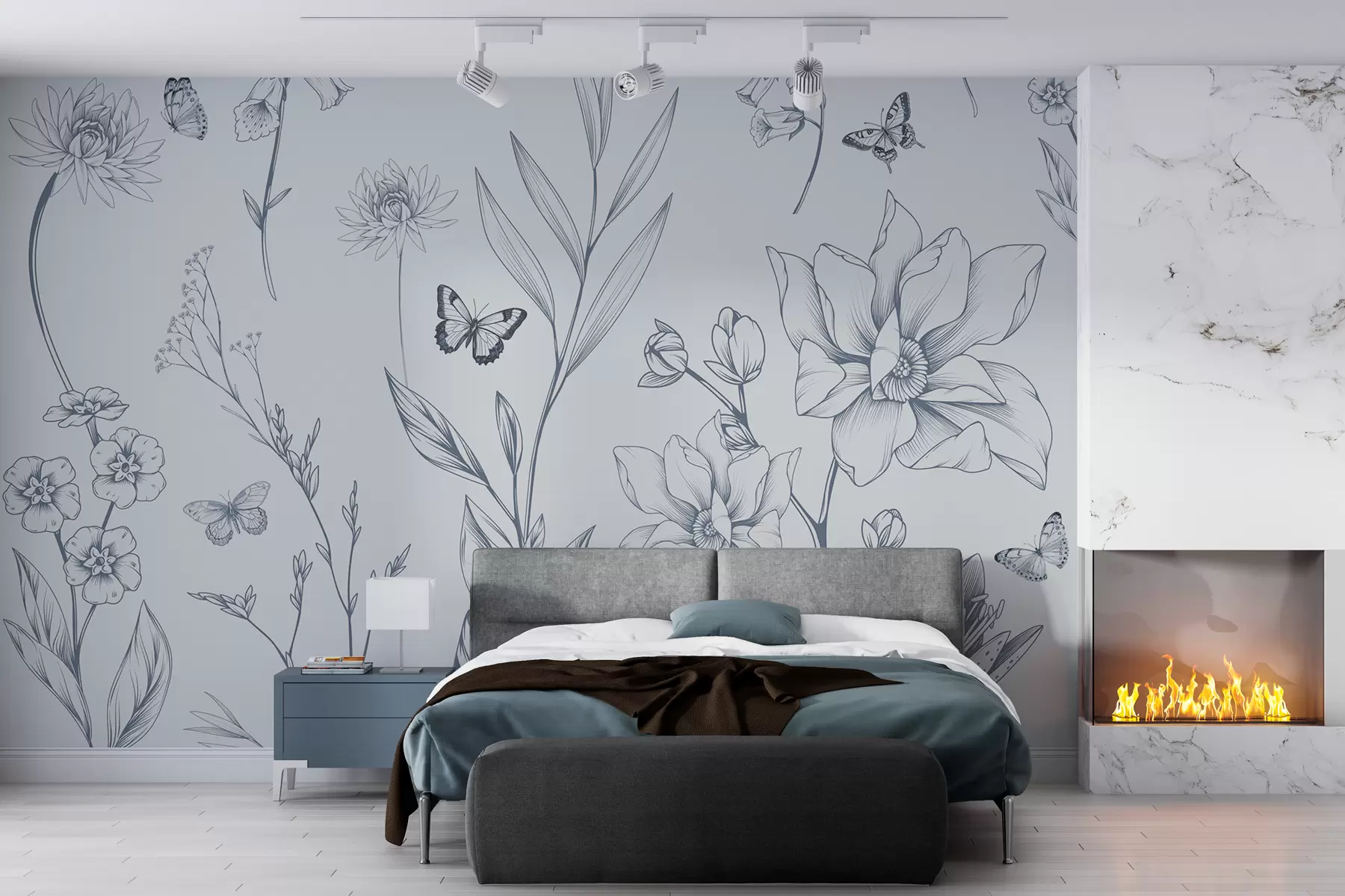 Fototapete Boho Monochrome Blumen und Schmetterlinge in blau w08088v2