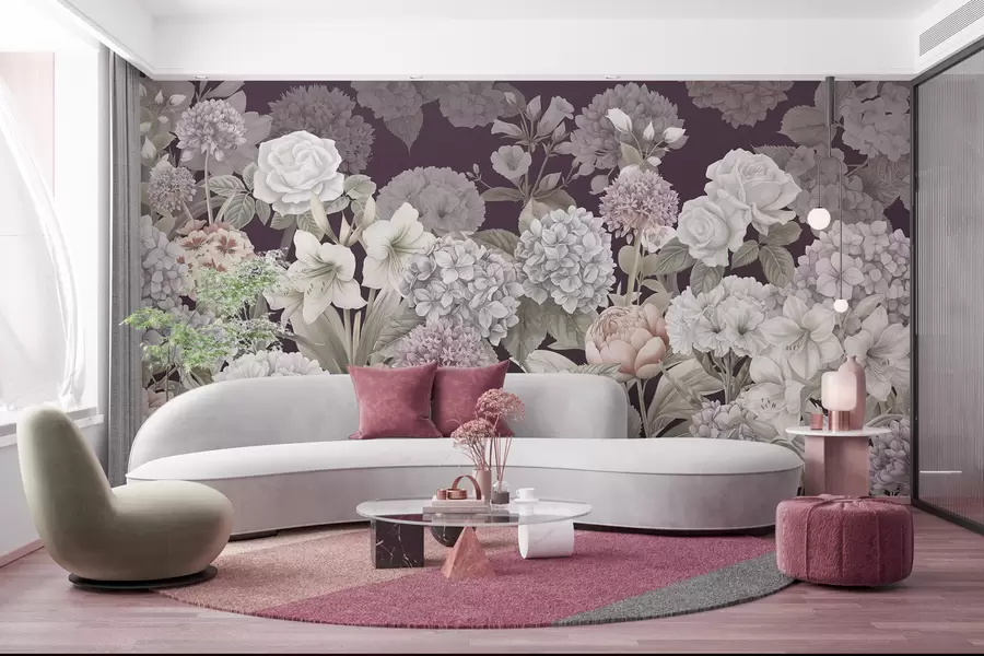 Fototapete Zauberhafter Sommergarten auf purpurrotem Hintergrund w08140v2