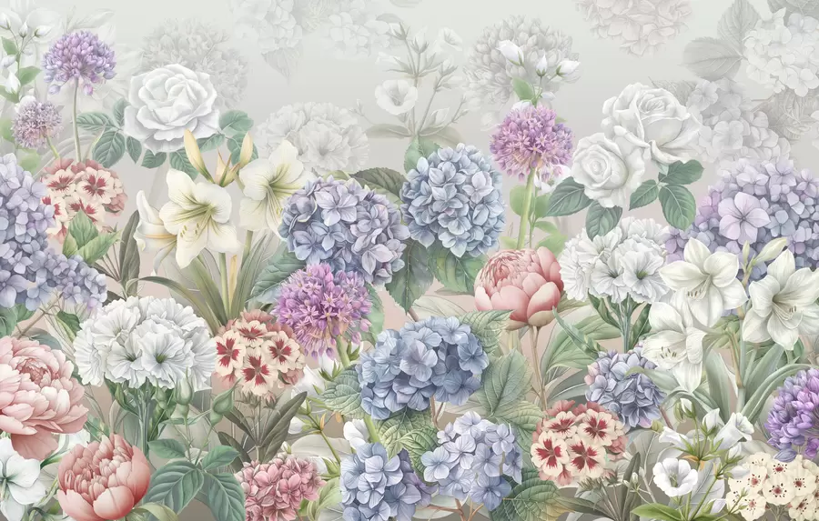 Fototapete Zauberhafter Sommergarten mit Blumen in Pastellfarben w08140v3