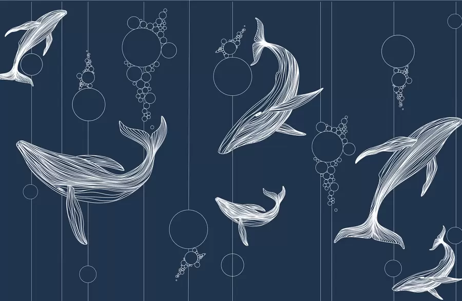 Murale Baleines et abstraction sur fond bleu w08074v1