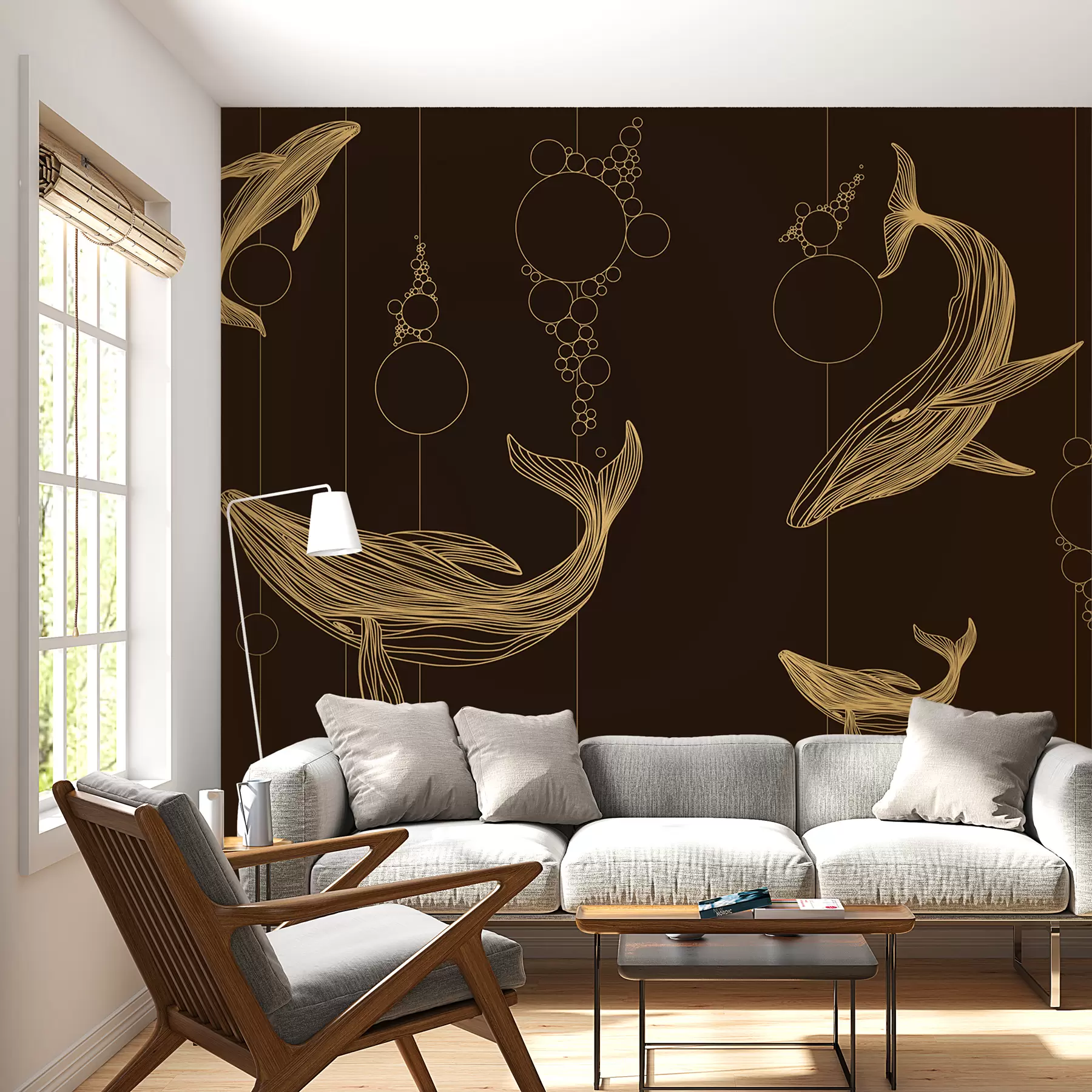 Murale Baleines et abstraction sur fond marron w08074v2