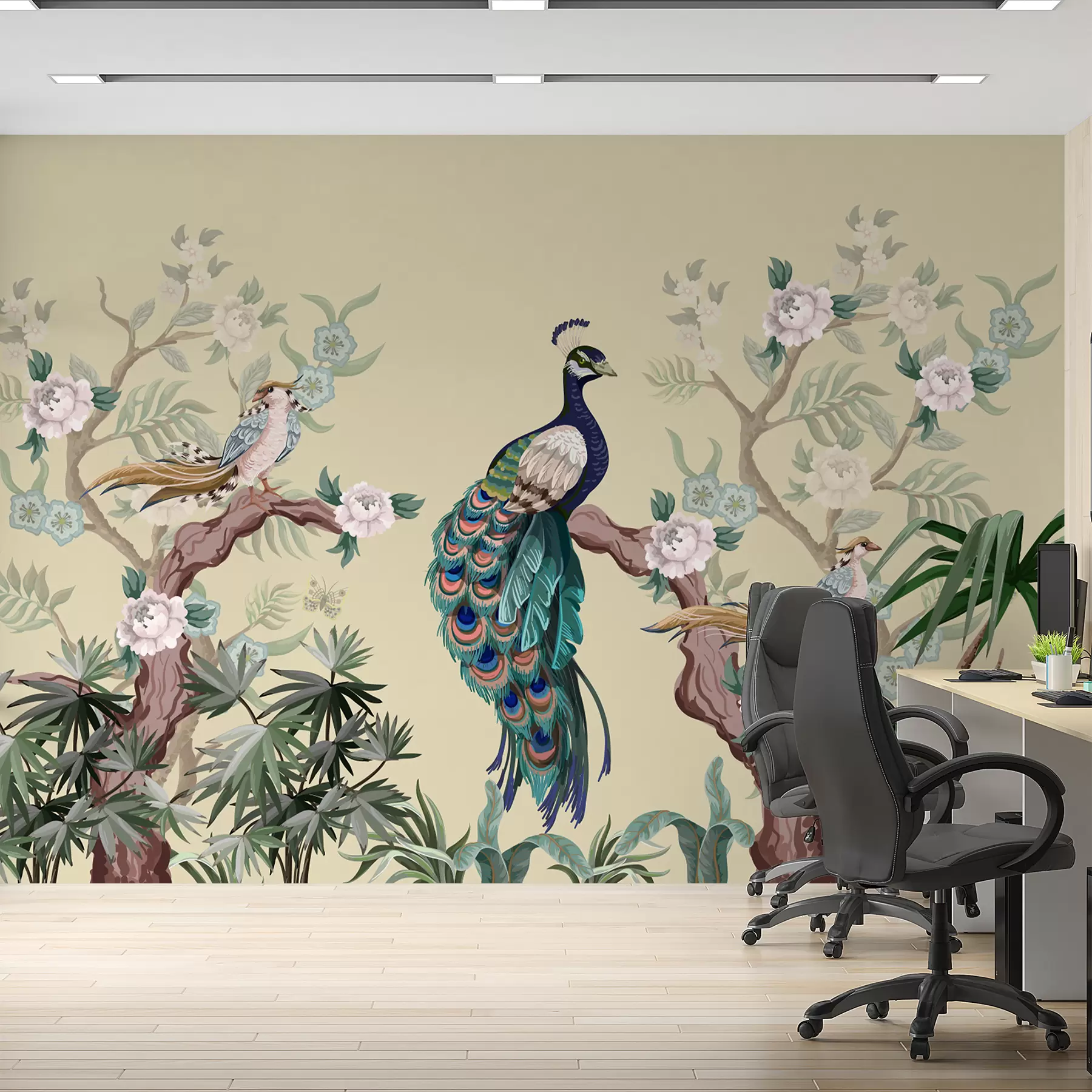 fototapeter påfugl på et træ, beige baggrund w08168