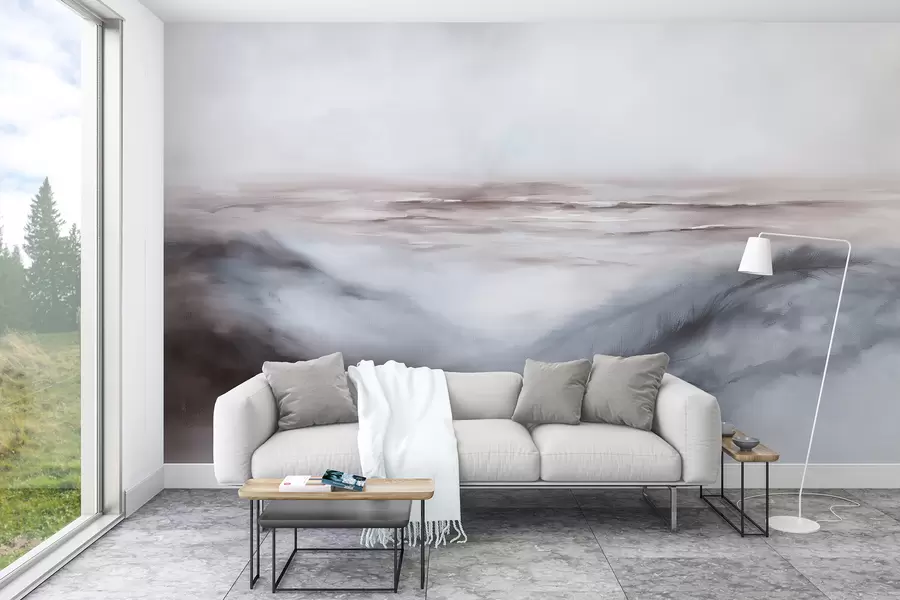 fototapeter Abstrakt landskab i pastelfarver, penselstrøg, strand, hav, grå farvepallet w08141