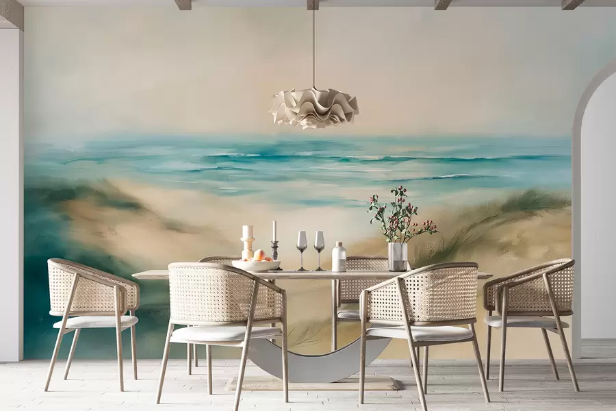 fototapeter Abstrakt landskab i pastelfarver, strand, hav, akvamarin og beige farvepalet, penselstrøg w08141v1