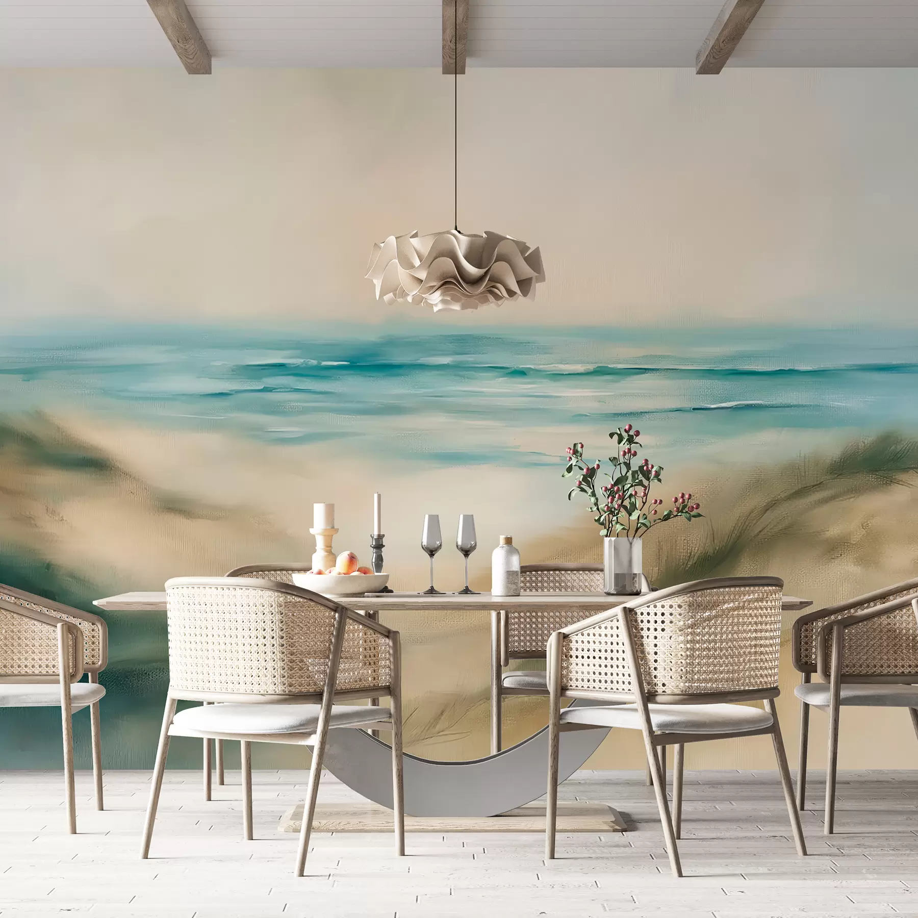 Fototapete Abstrakte Landschaft in Pastellfarben, Strand, Meer, Aquamarin und Beige, Pinselstriche w08141v1