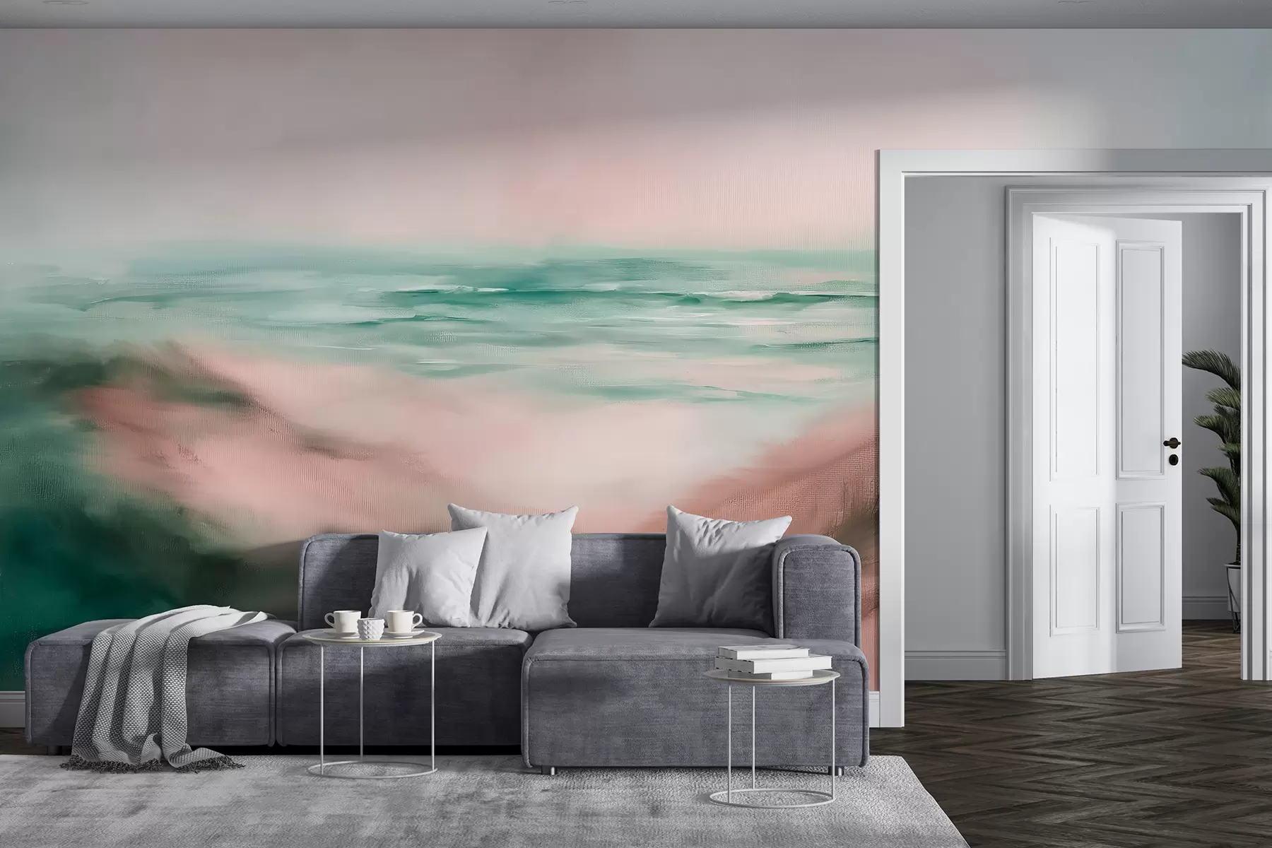 fototapeter Abstrakt landskab i pastelfarver, strand, hav, akvamarin og pink farvepalet, penselstrøg w08141v2