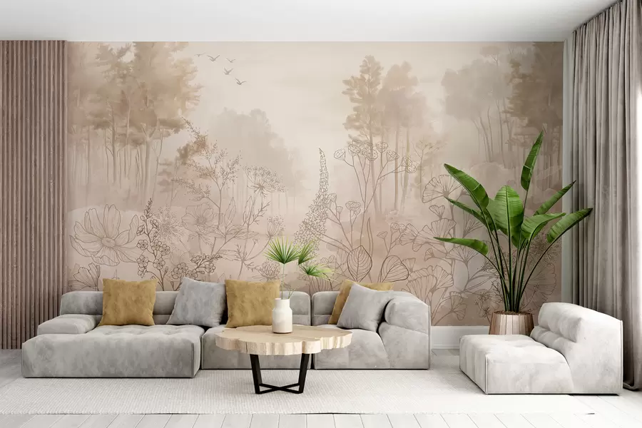 fototapeter Skovlandskab med vilde blomster, stregkunst, realisme, træer, natur, beige farvepallet w08142
