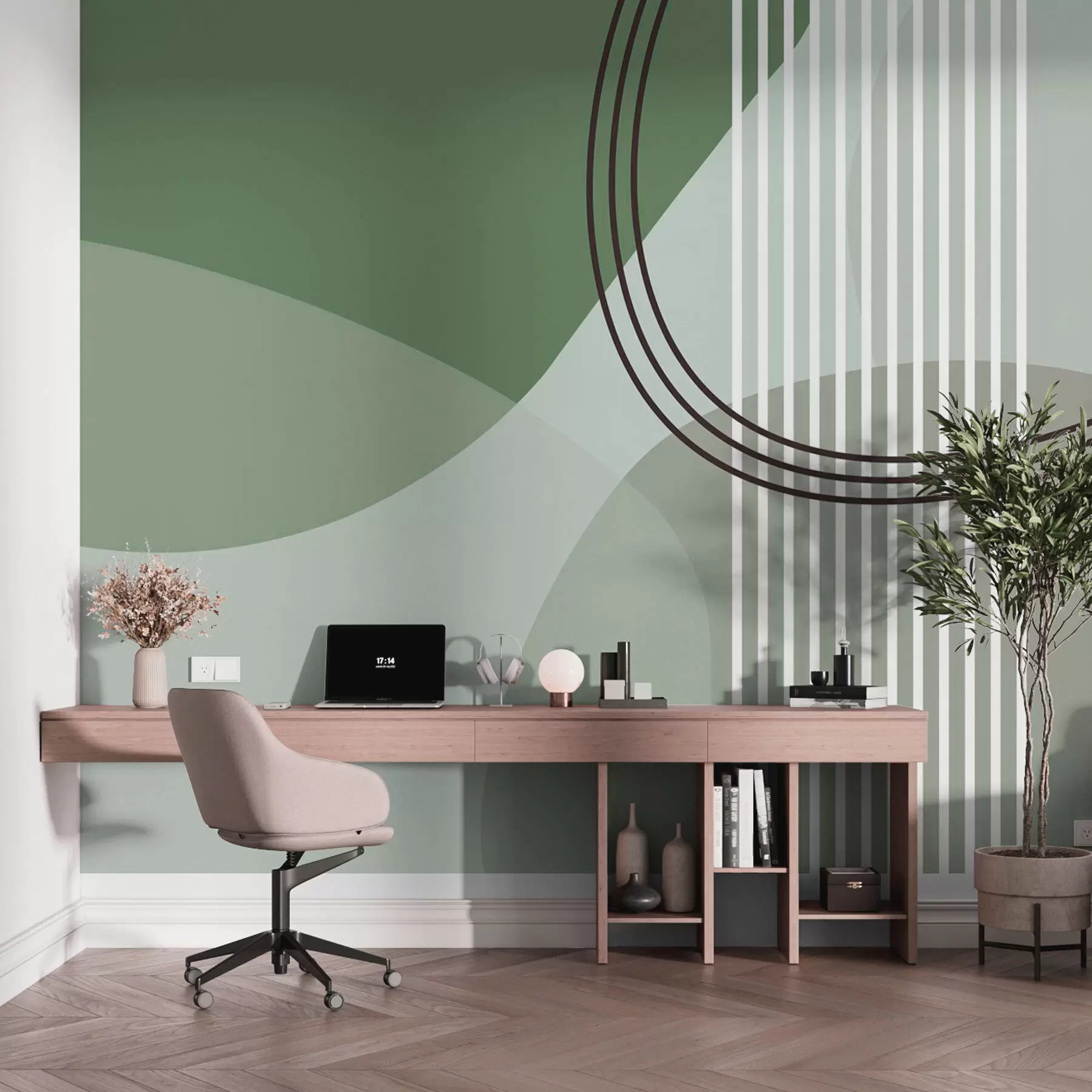 fototapeter Geometrisk abstraktion linje og cirkel minimalisme moderne stil grøn farve w08173v1