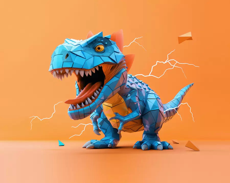 Fototapete Wilder Dinosaurier mit Blitzeinschlag in den Farben Gelb und Blau w01333v1