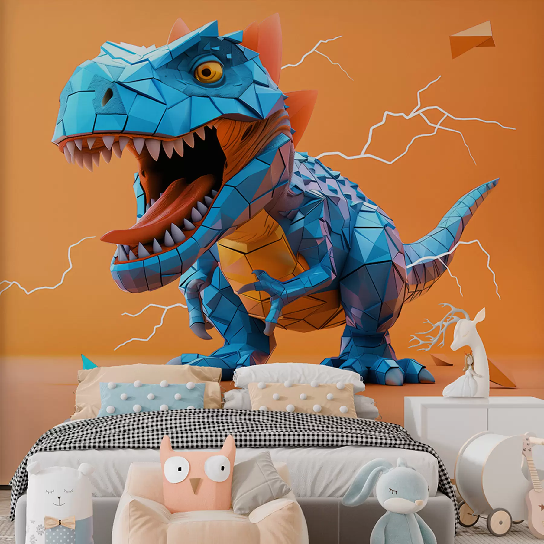 Fototapete Wilder Dinosaurier mit Blitzeinschlag in den Farben Gelb und Blau w01333v1