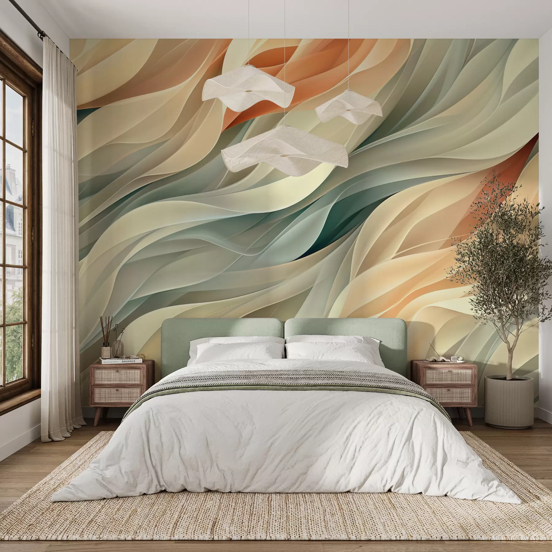 fototapeter Hypnotiserende abstrakt design med bløde pastelbølger i varme farver w01335v1