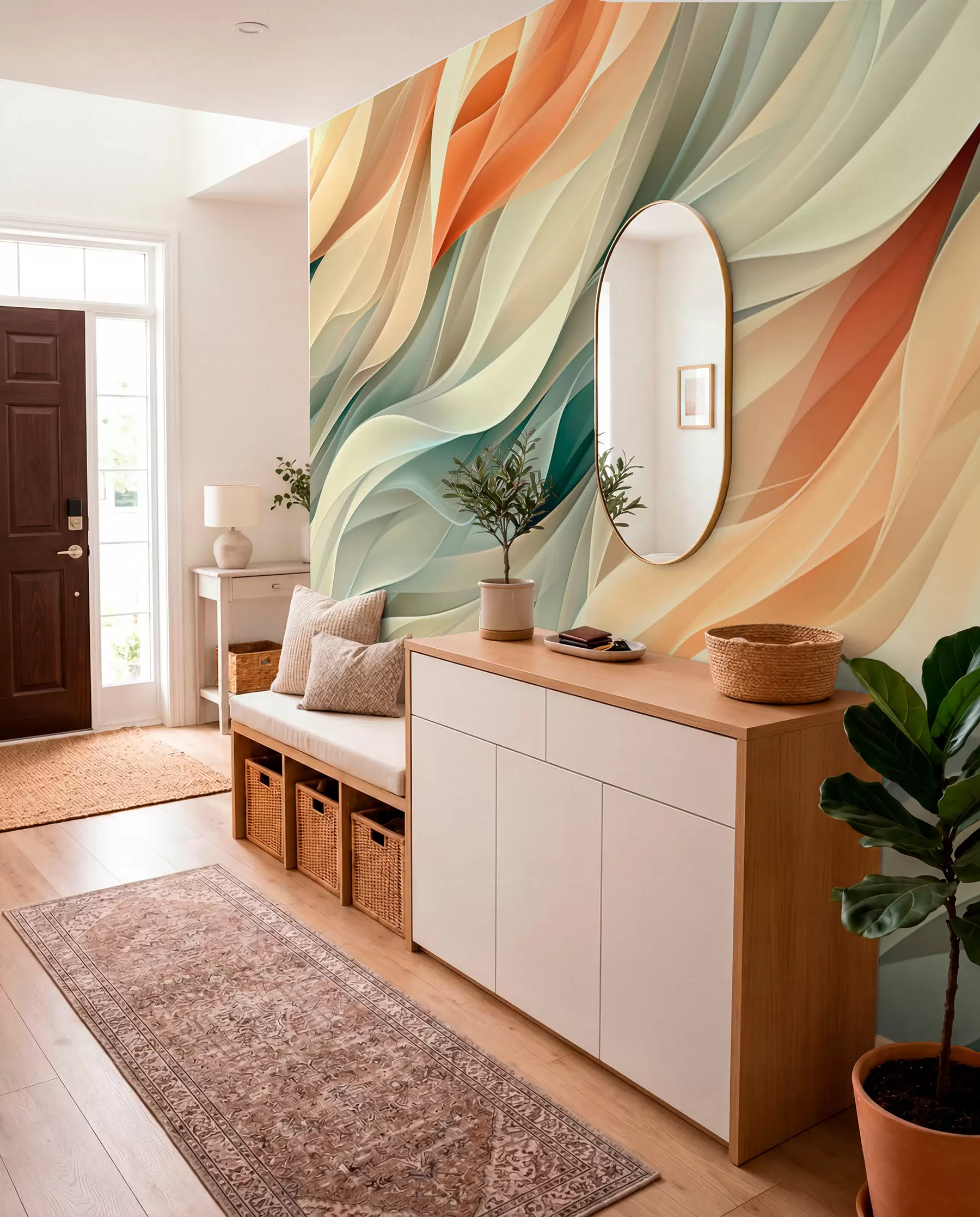 fototapeter Hypnotiserende abstrakt design med bløde pastelbølger i varme farver w01335v1