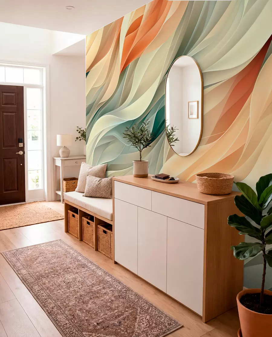 fototapeter Hypnotiserende abstrakt design med bløde pastelbølger i varme farver w01335v1
