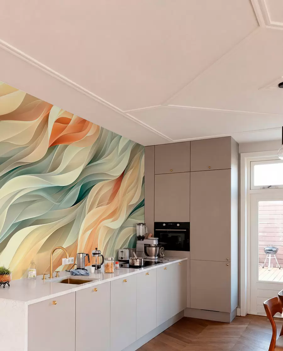 fototapeter Hypnotiserende abstrakt design med bløde pastelbølger i varme farver w01335v1