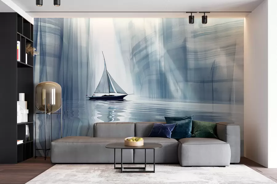 Murale Bateau sur l'eau dans un style futuriste avec des couleurs bleues w01338
