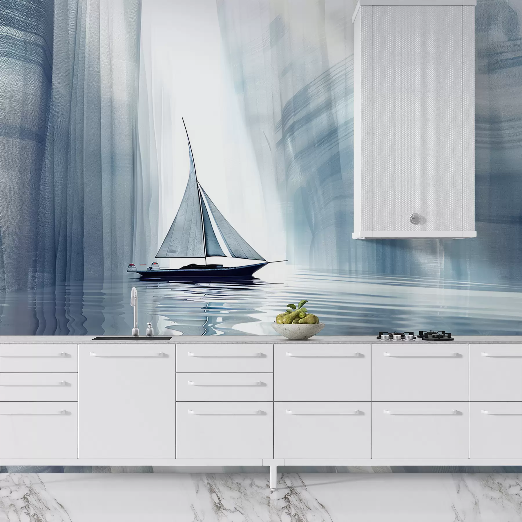 fototapeter Båd på vandet i futuristisk stil med blå farver w01338