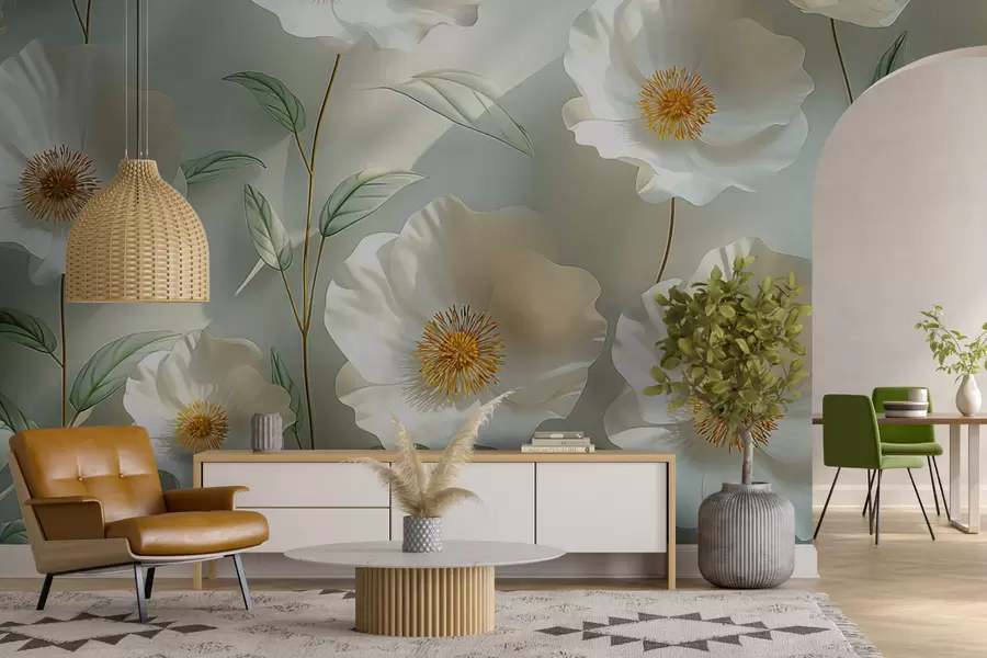 Fototapete Weiße Mohnblumen vor einer Wand mit Sonnenlicht und 3D-Effekt w01339
