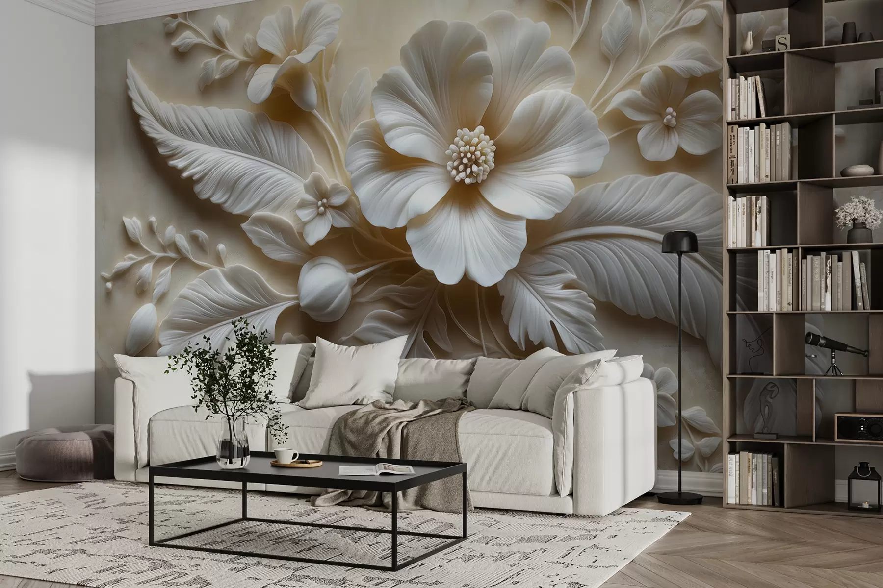 Murale Tableau mural en relief 3D représentant des plumes et des fleurs, avec un grand coquelicot aux couleurs beiges w01340