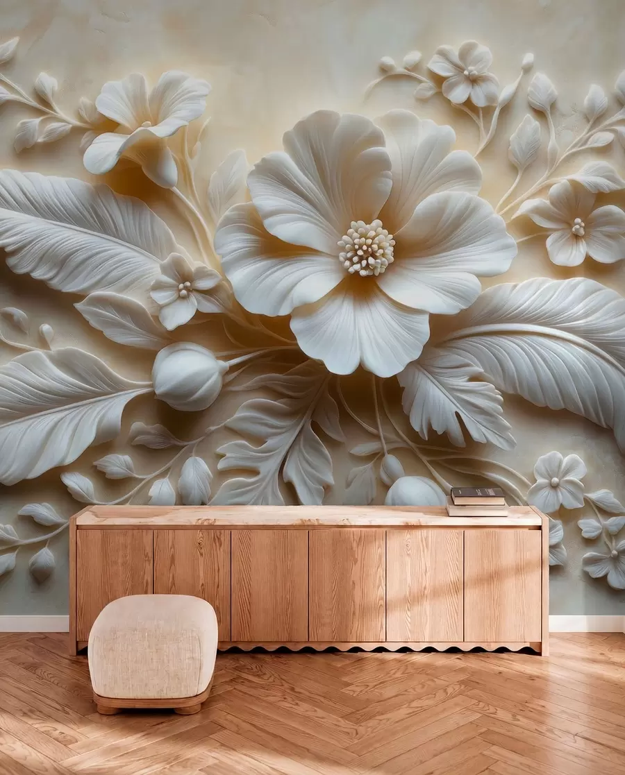 fototapeter 3D relief vægkunst med fjer og blomster, med en stor valmue i beige farver w01340