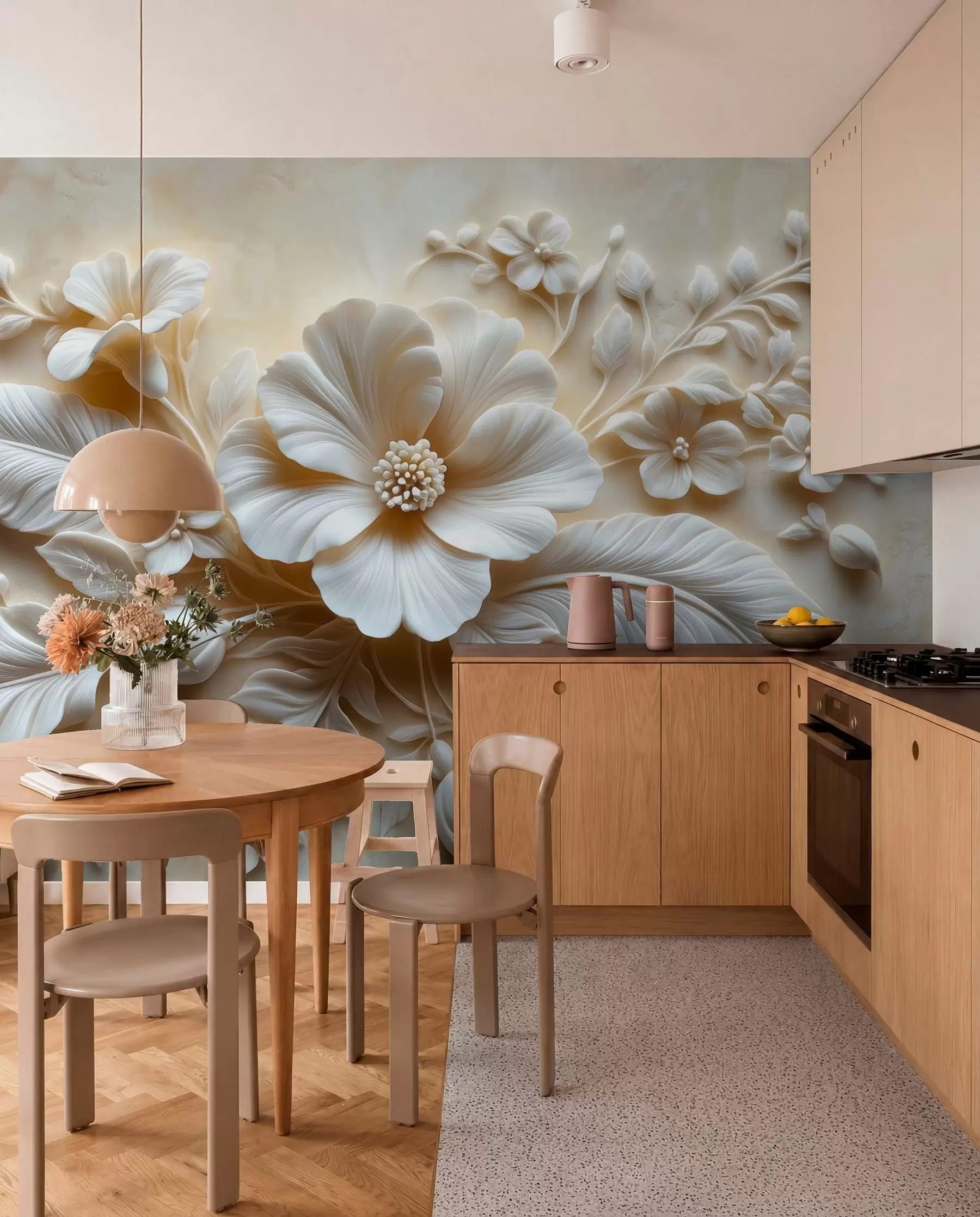 Fototapete 3D Relief-Wandbild mit Federn und Blumen, mit einer großen Mohnblume in Beigetönen w01340