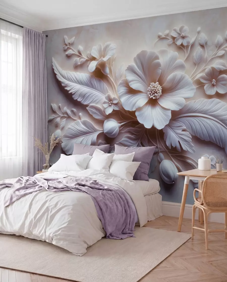 fototapeter 3D relief vægkunst med fjer og blomster, med en stor valmue i lyserøde farver w01340v1