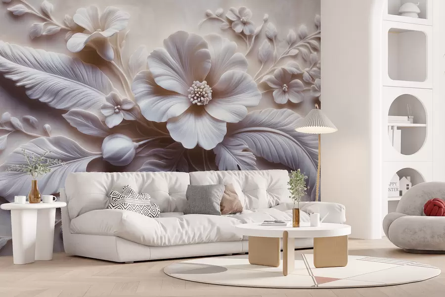 fototapeter 3D relief vægkunst med fjer og blomster, med en stor valmue i lyserøde farver w01340v1