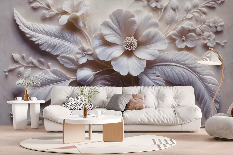fototapeter 3D relief vægkunst med fjer og blomster, med en stor valmue i lyserøde farver w01340v1