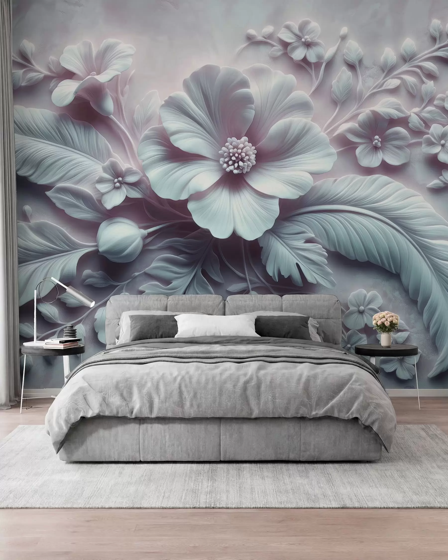 Murale Décoration murale en relief 3D représentant des plumes et des fleurs, avec un grand coquelicot aux couleurs bleu clair w01340v2