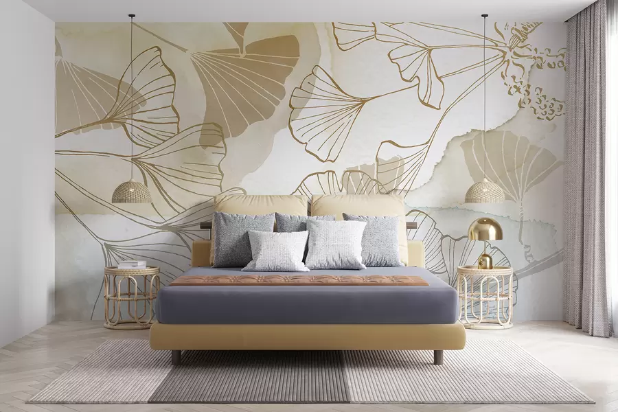 Murale Un motif de feuilles de ginkgo délicates dans des tons de beige, de beige et de bleu sur un fond clair w08157
