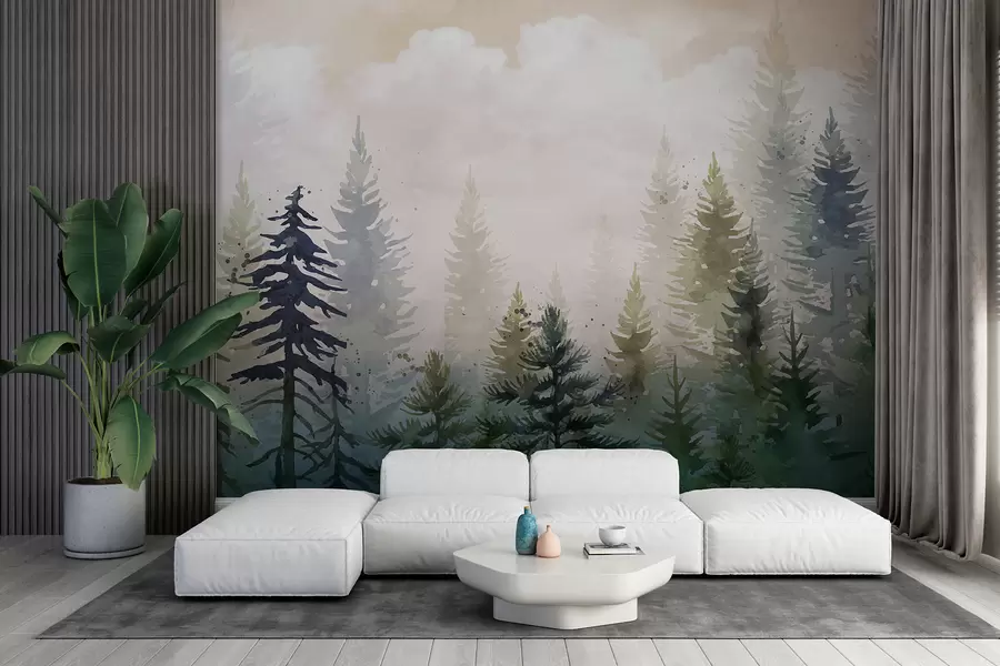 Fototapete Wald aus hohen immergrünen Kiefern in einer nebligen Umgebung und einer Landschaft voller weicher, dunstiger Wolken w08160