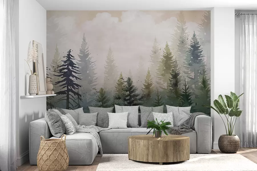 Fototapete Wald aus hohen immergrünen Kiefern in einer nebligen Umgebung und einer Landschaft voller weicher, dunstiger Wolken w08160